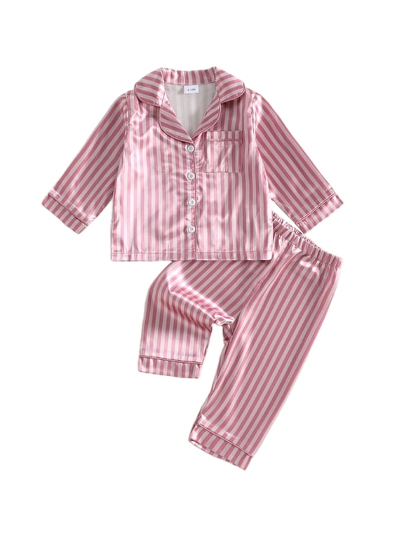 Toddler Baby Girl Boy Silk Satin Pajamas Set Kids Spring Fall Winter PJS Set Sleepwear Striped Button Down Collar Long Sleeve Shirt Tops and Pants Set Loungewear Homewear