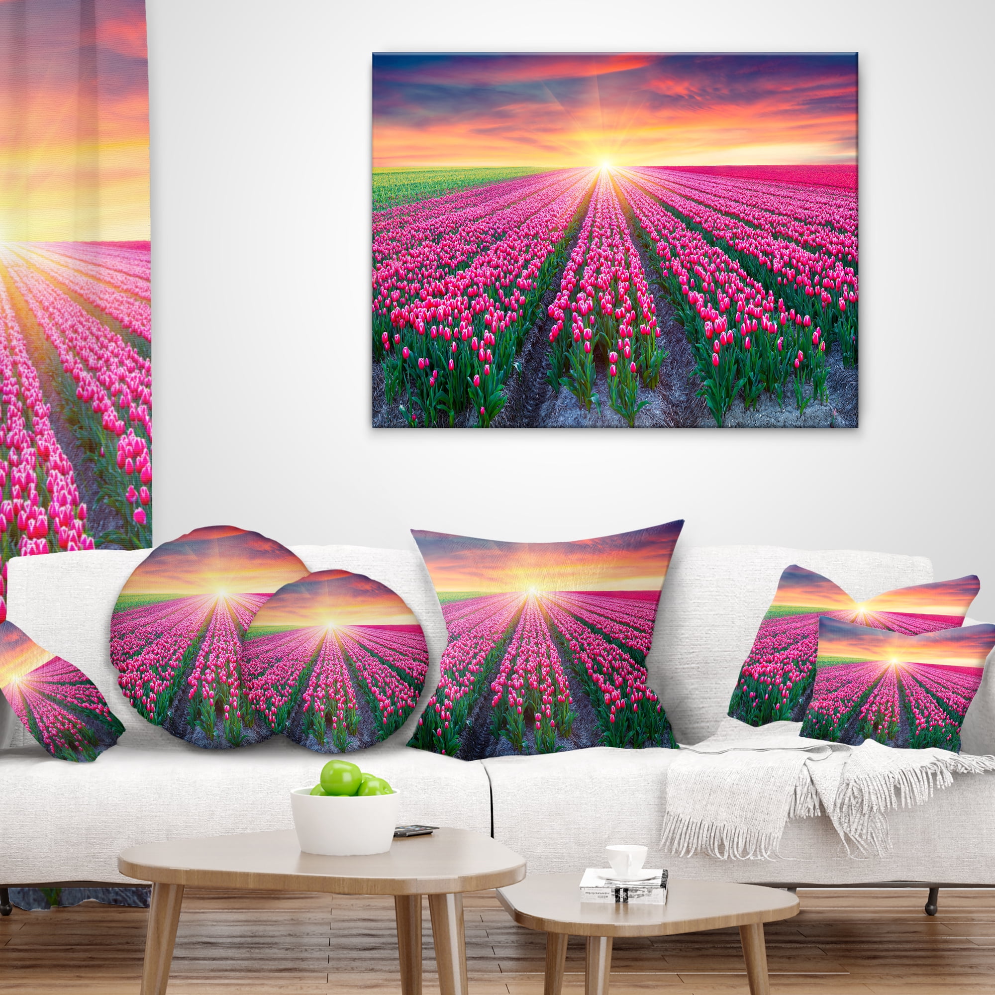 Designart Blooming Tulips at Sunrise - Photography Throw Pillow - 16x16