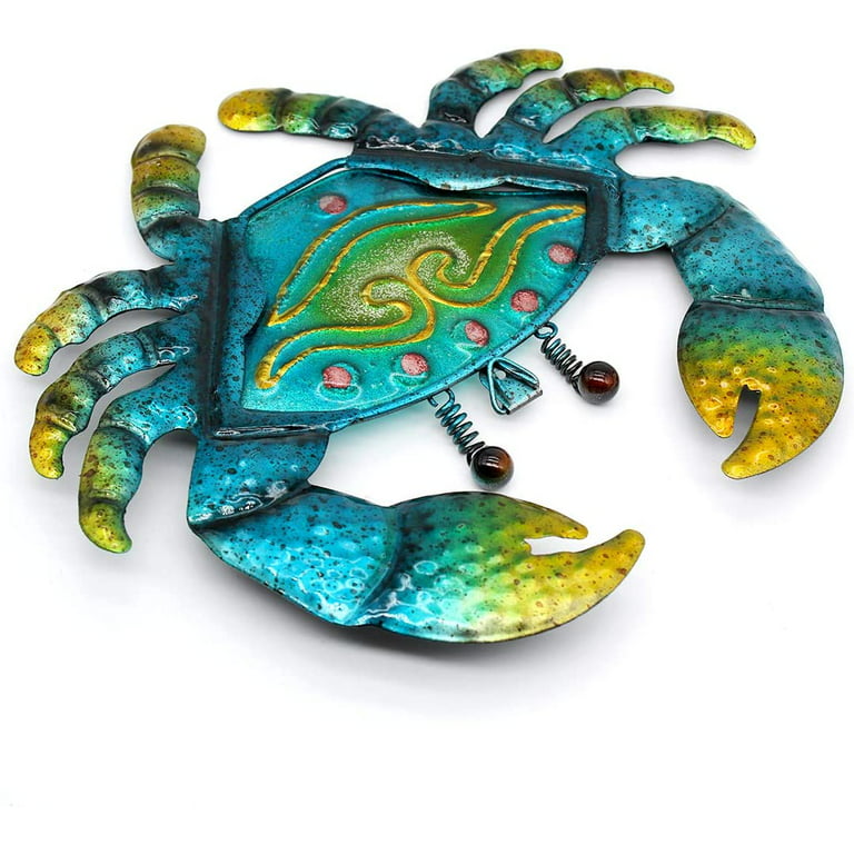 Yhdsn Metal Crab Wall Art Decor Beach Theme Blue Ocean Stained Glass Hanging Mediterranean Decoration Indoor or Outdoor for Pool Fence Yard Patio