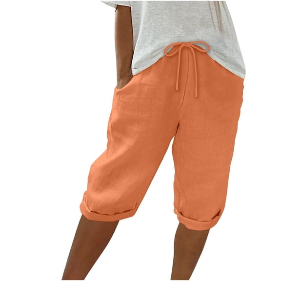 Qgtaibl Womens Cotton Wide Leg Shorts Drawstring Elastic Waist Lounge Shorts with Pockets Solid Color Loose Fit Bermuda Shorts for Daily Wear Orange S