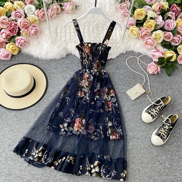 2024 Lu Hua clothing：Light up your stunning moment  Summer Women‘s Dress French Retro Square Neck Print Suspender Dress New Waist Lace Feamle Short Dresses HH293tzw LUHUA-Working for th