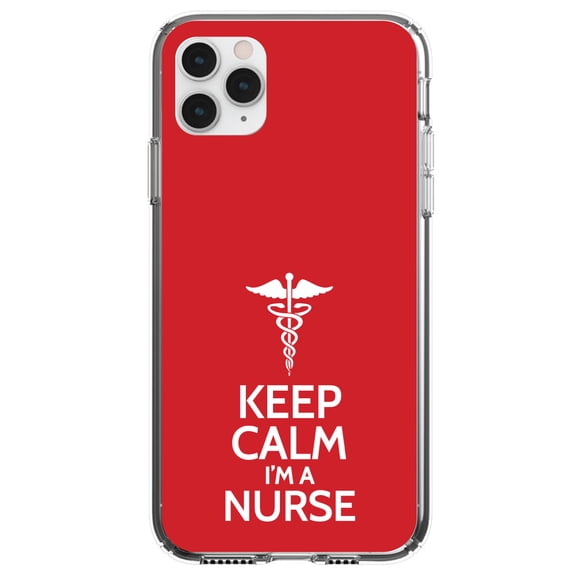 DistinctInk Clear Shockproof Hybrid Case for iPhone 13 Pro MAX (6.7" Screen) - TPU Bumper, Acrylic Back, Tempered Glass Screen Protector - Red White "Keep Calm I'm a Nurse" - Support for Nurses