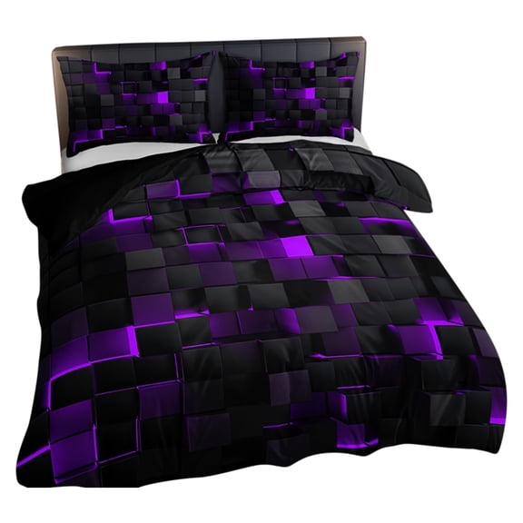 Quilt Bedding Set, 59X79 In, Purple Neon Blocks, Duvet Cover Set, Bedroom Bedding, King Size Pillow Shams, Purple Black Tones, 3 Pc