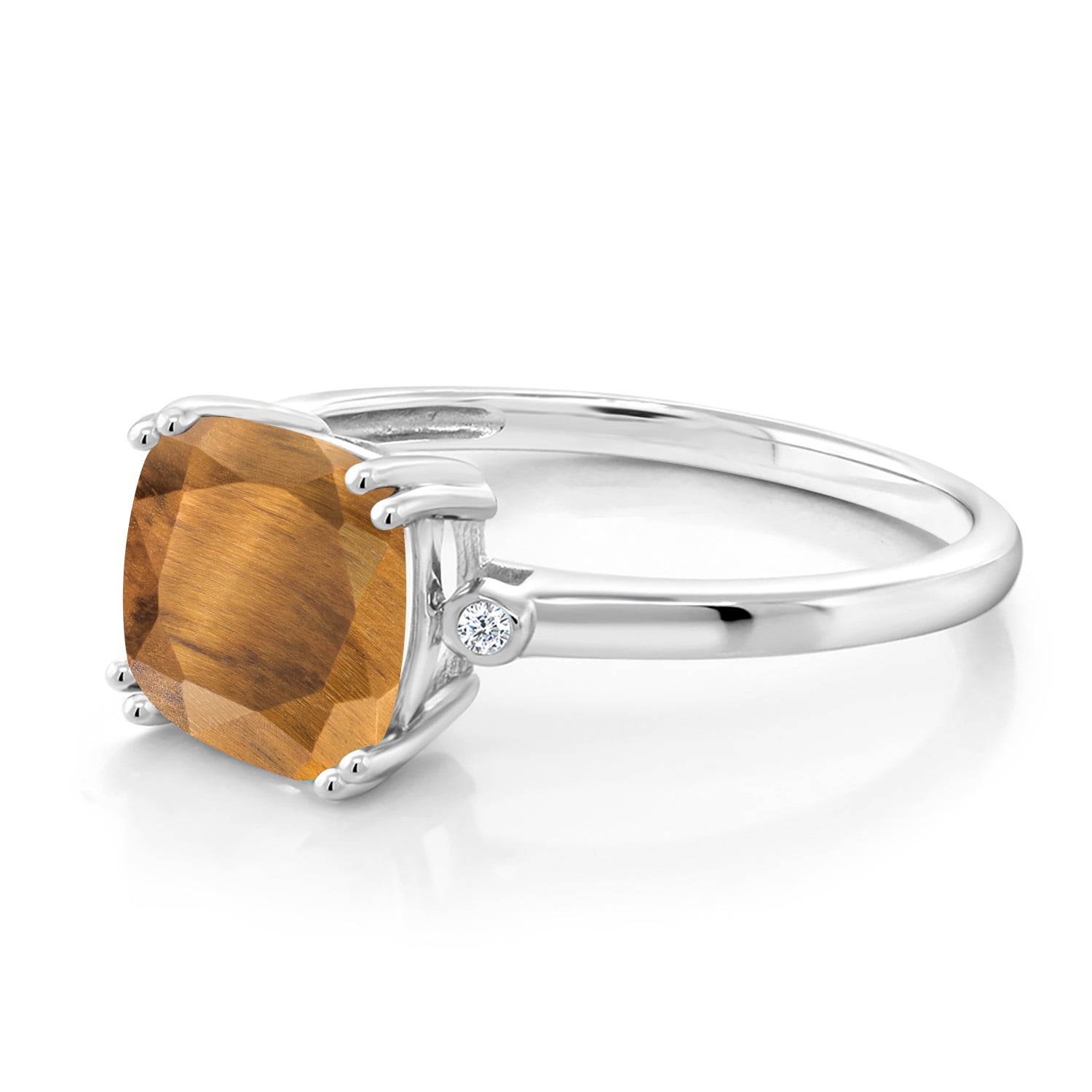 Gem Stone King 2.01 Ct Cushion Brown Tiger Eye White Diamond 10K White Gold Ring