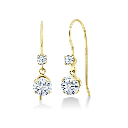 14K Yellow Gold Dangle Earrings Forever Classic (KLM) Round 1.00ct (DEW) Created Moissanite by Charles & Colvard and Created Sapphire