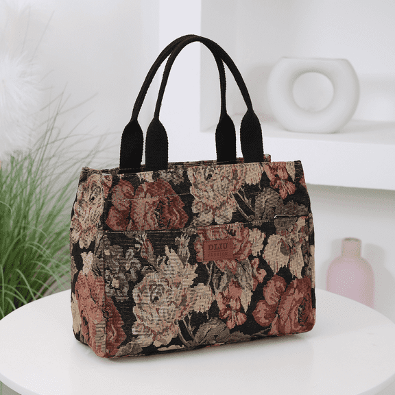 DLIU Women's Fabric Floral Tote Handbag,hand-to-hand storage bag, Black, 1-Piece,Tote bags are suitable for work, going out for shopping