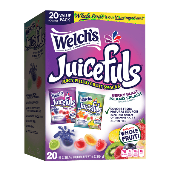 Welch's Juicefuls Gluten-Free Berry Blast & Island Splash Soft Fruit Snacks for Halloween, .8 oz, 20 Count