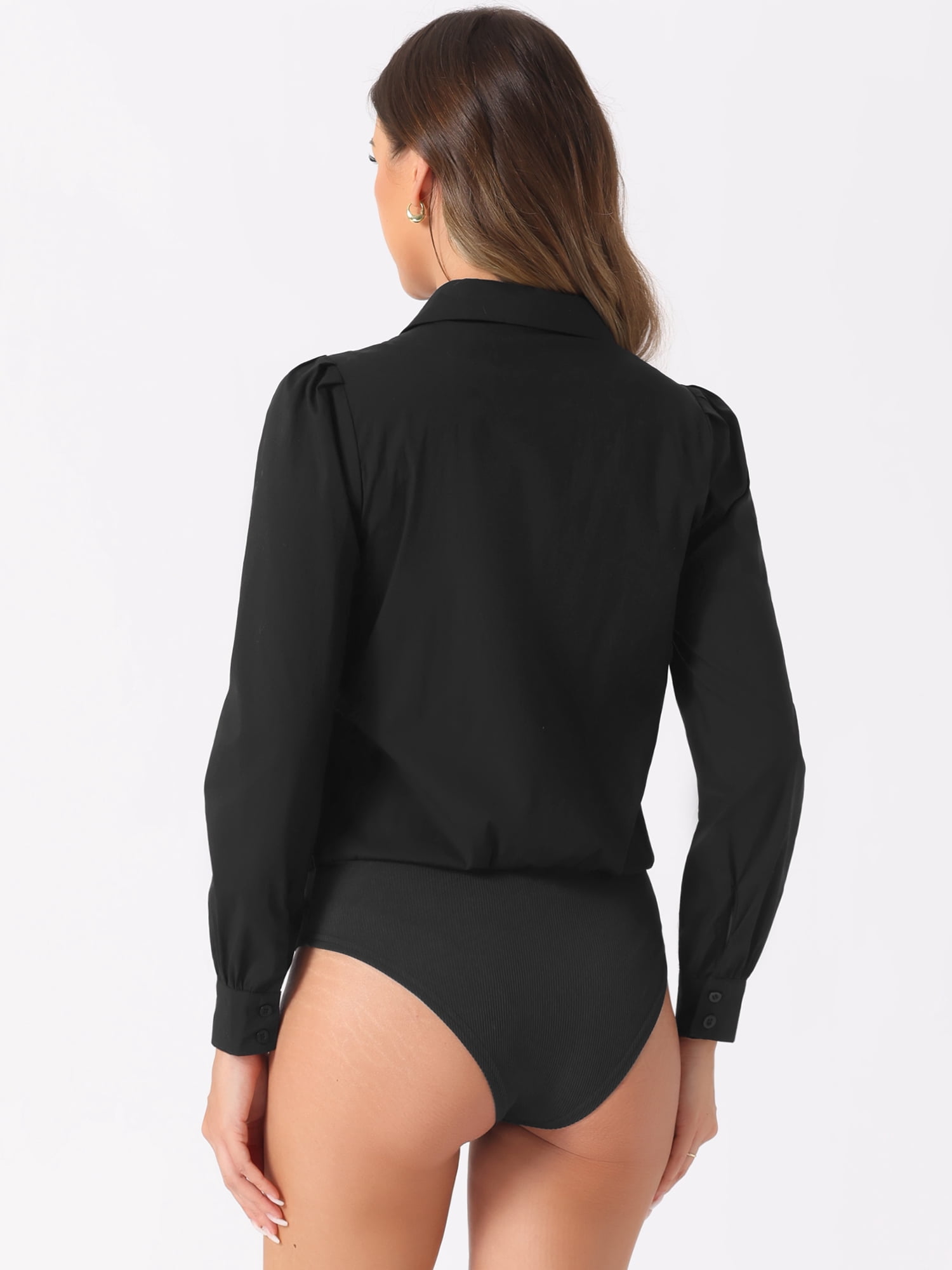 DARING DIVA Leotard Shirt Collared Button Down Long Sleeves Bodysuit M Black