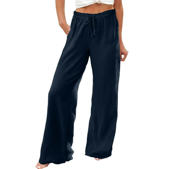 Summer Pants for Women Summer Fashion Casual Wide Leg Pants Casual High Waist Stretchy Loose Long Trousers With Pockets Jugging Suits Women plus Stretch Size 16 Dress for High Navy XL