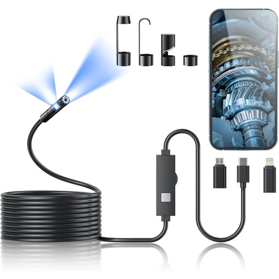 Endoscope Camera with Light, 1920P HD Borescope Tools with 8 Adjustable LED Lights, Endoscope with 16.4ft Semi-Rigid Snake Camera, 7.9mm IP67 Waterproof Inspection Camera for iOS and Android（16.4ft）