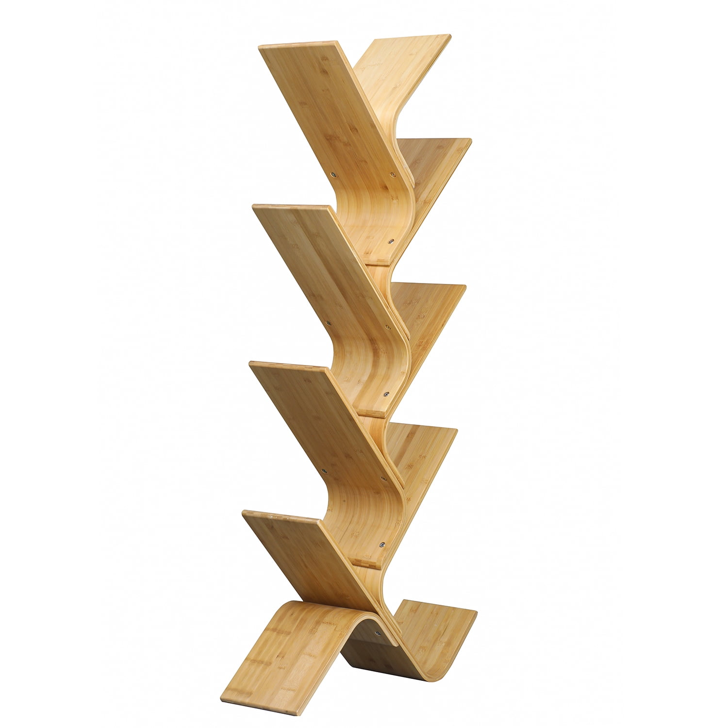 Kadyn 8-tier Bamboo Floor Standing Tree Bookshelf, Bookcase Rack for Books Cds Plants, Book Tower Storage Organizer Shelves for Living Room, Light Brown