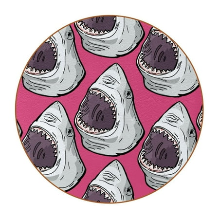 

OWNTA Pink Sharks Pattern Premium Microfiber Leather Round Coasters (6PCS) - 11x11 cm/4.3x4.3 in - Durable & Stylish Cup Mat Set