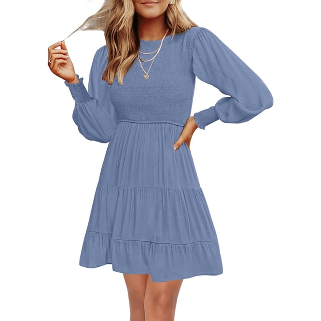 Robe Mini Décontractée à Manches Longues Smockée Col Rond Taille Élastique Fluide pour Femmes 2023