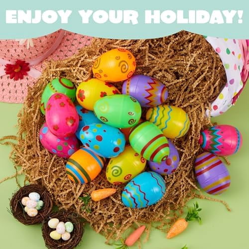 Toy 72 PCs Plastic Printed Bright Easter Eggs, Over 3.15'' Tall Fillable Empty Eggs Bulks for Easter Hunt, Basket Stuffers Fillers, Classroom Prize Supplies, Filling Treats and Party Favor
