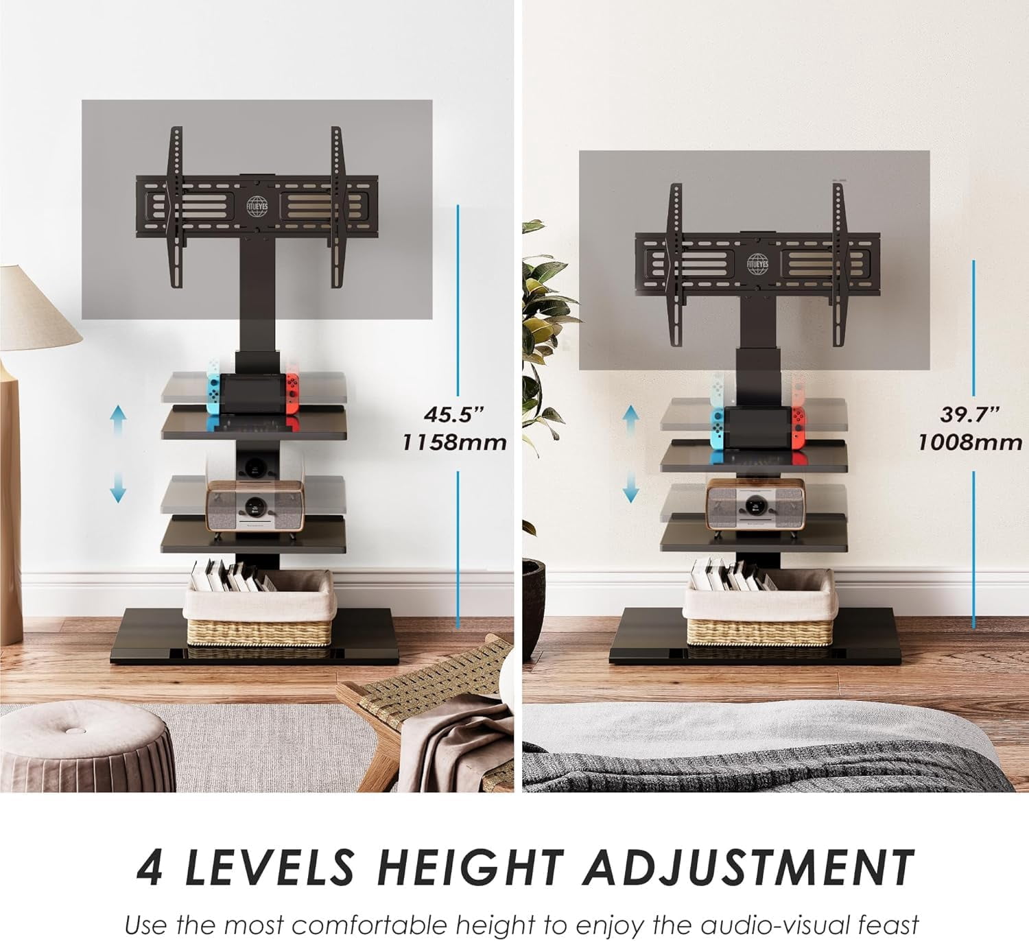 FITUEYES Corner TV Stand for 32–75 Inch TVs, Black, Swivel & Tilt, Height Adjustable, Iron Base