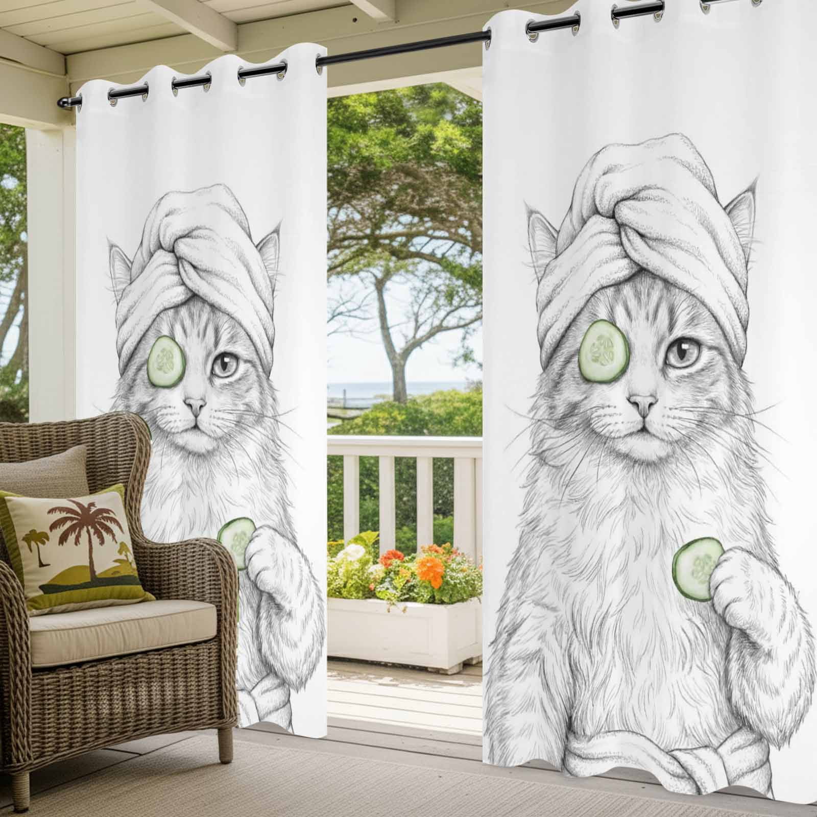 Grey Animals Outdoor Curtains for Patio, Funny Cat with Bath Wrap Cucumber Slice Gray Modern Sunshade Privacy Drapes Grommet Waterproof Outside Curtains for Porch/Cabana/Balcony 54"x 108", 1 Panel