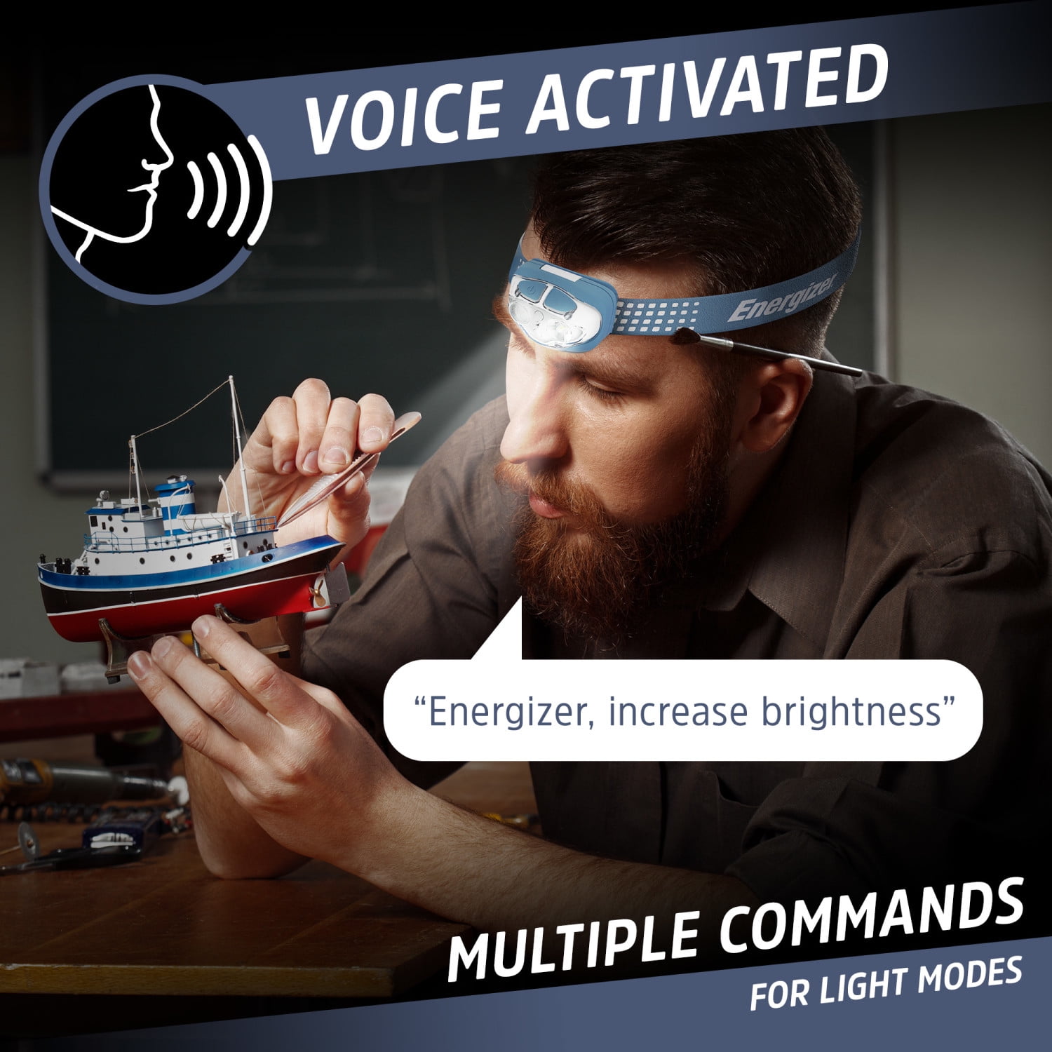 Energizer Smart Voice Controlled LED Headlamp, 525 Lumen Output, AAA Batteries Included