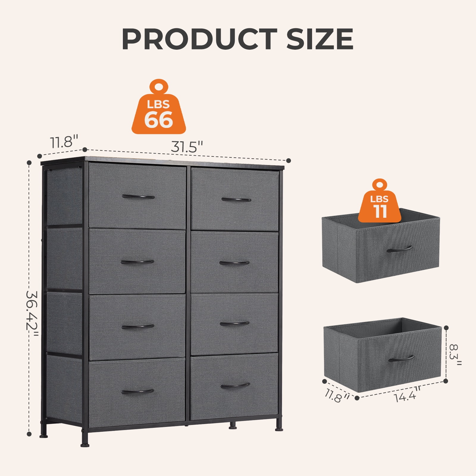 TrumanPick Fabric Storage Drawer Bedroom Dresser, Tall Dresser for Closet, 8 Fabric Dresser with 8 Storage Drawers for Clothes, Living Room, Hallway, Entryway, Gray