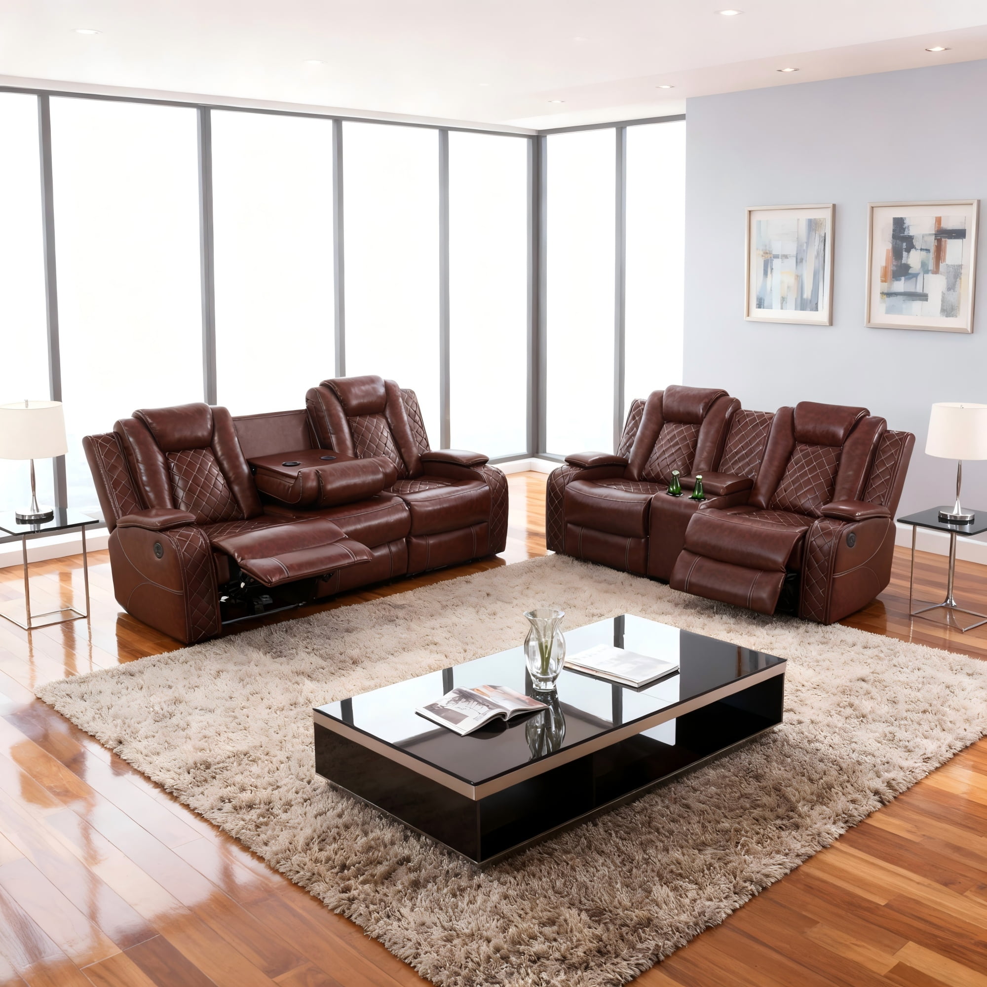 Gewnee Power Recliner Sectional Sofa Set with LED Light,Air Leather Reclining with Cup Holder, Wireless Charge, Storage Console for Living Room