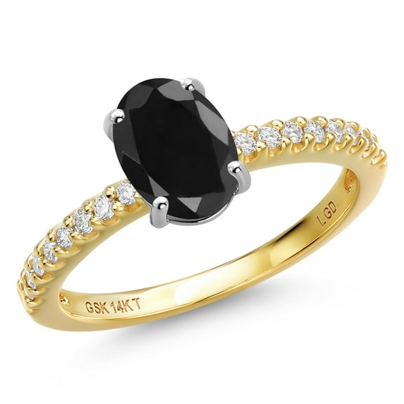Gem Stone King 14K Two Tone Gold Black Sapphire and Lab Grown Diamond Engagement Ring for Women | 1.82 Cttw | Oval 8X6MM | Gemstone September Birthstone | Size 9