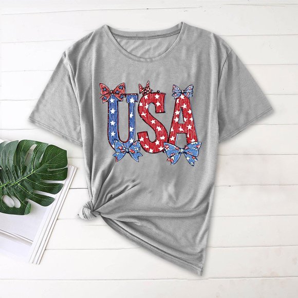 Karight Womens Summer Short Sleeve Tops Bow Printed Shirts Beach Vacation Outfits Workout Tshirts Casual Clothes