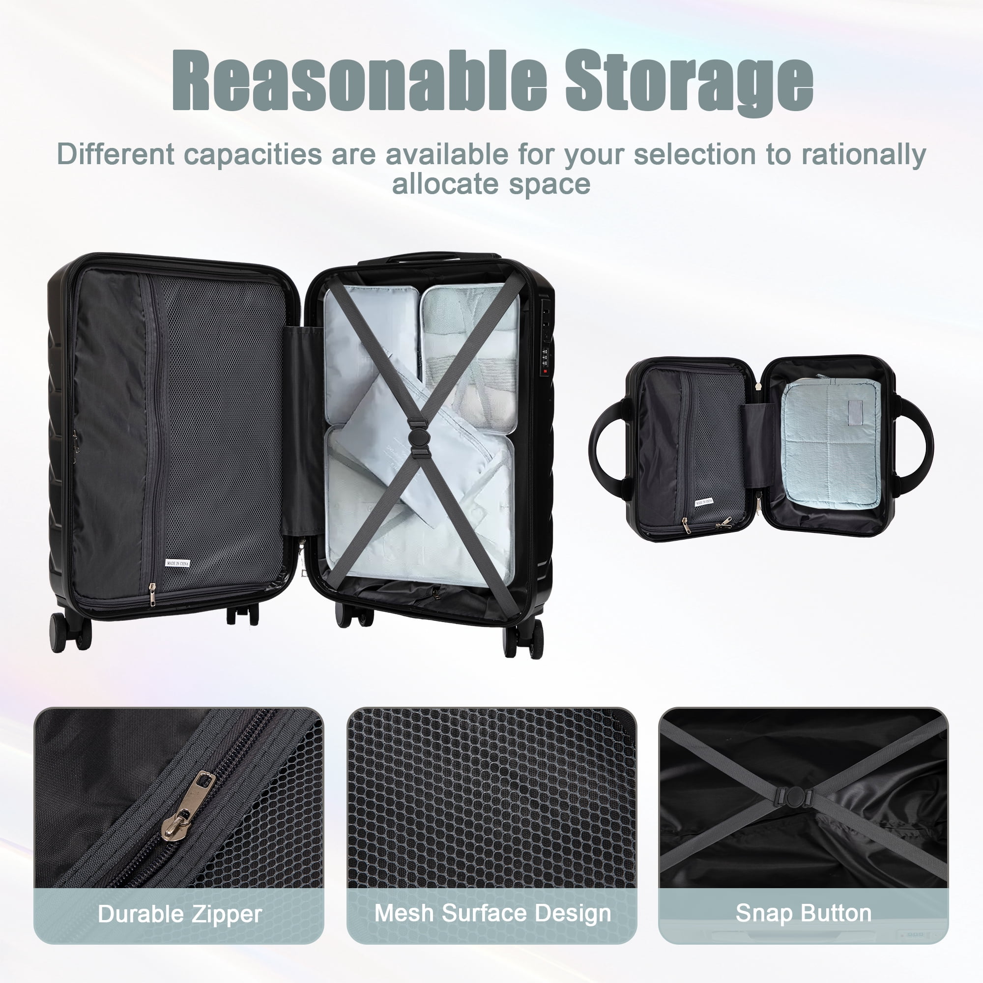 Alvantor 2 Pcs Luggage Set with Combination Lock, 20" ABS Spinner Suitcase & 14" Cosmetic Case, Black