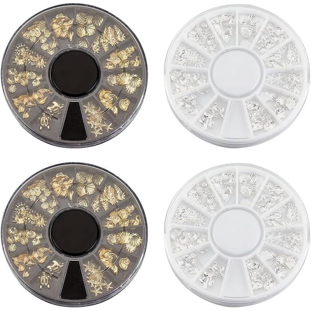 4 cajas de rellenos de resina de animales marinos, cabujones de aleación de oro y plata, decoración de uñas con temática oceánica, accesorios de resina