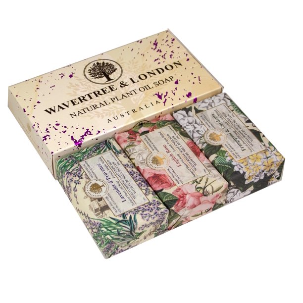 Caja de regalo Wavertree & London Trio (3 barras) - Jabón natural hidratante de triple molienda con aroma a lavanda, rosa inglesa, frangipani y gardenia (7 oz) - Jabón de aceite vegetal puro para todo