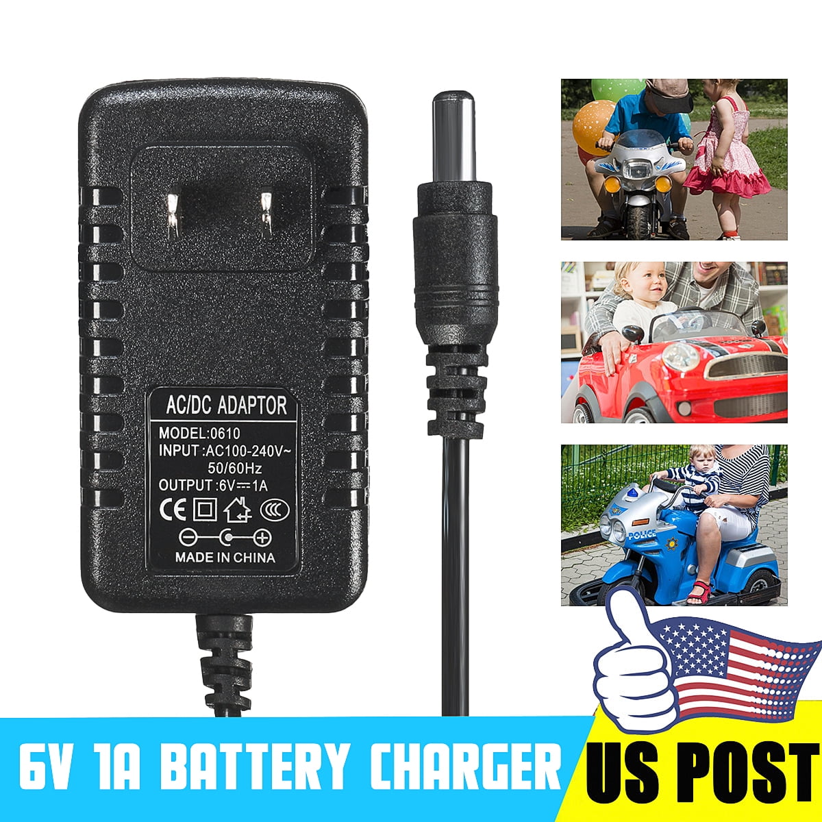 AC DC 6V 1A Battery Charger Adapter For Kids ATV Quad Ride On Car 