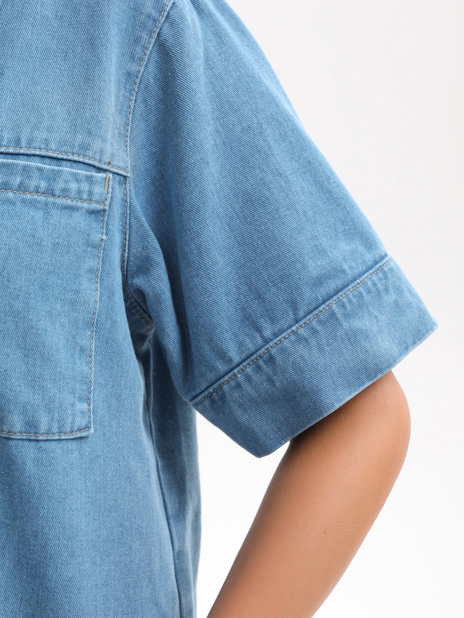 DARING DIVA Women's Short Sleeve Button Down Boxy Shirt Tops Jean Jacket M Light Blue