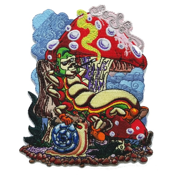 Smoking Caterpillar w/Pet Snail & Mushrooms Iron On Patch