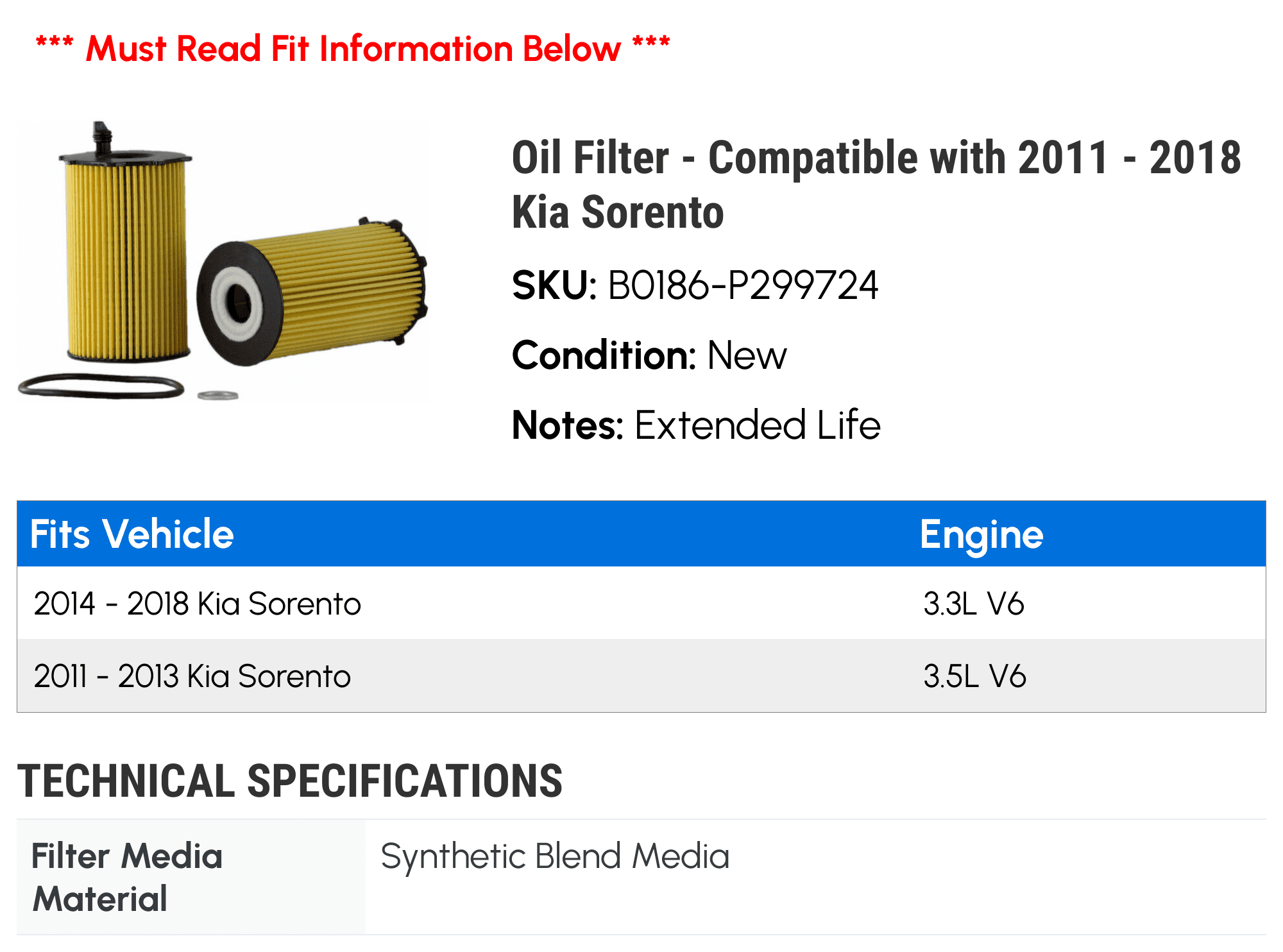 Oil Filter - Compatible with 2011 - 2018 Kia Sorento 2012 2013 2014 2015 2016 2017