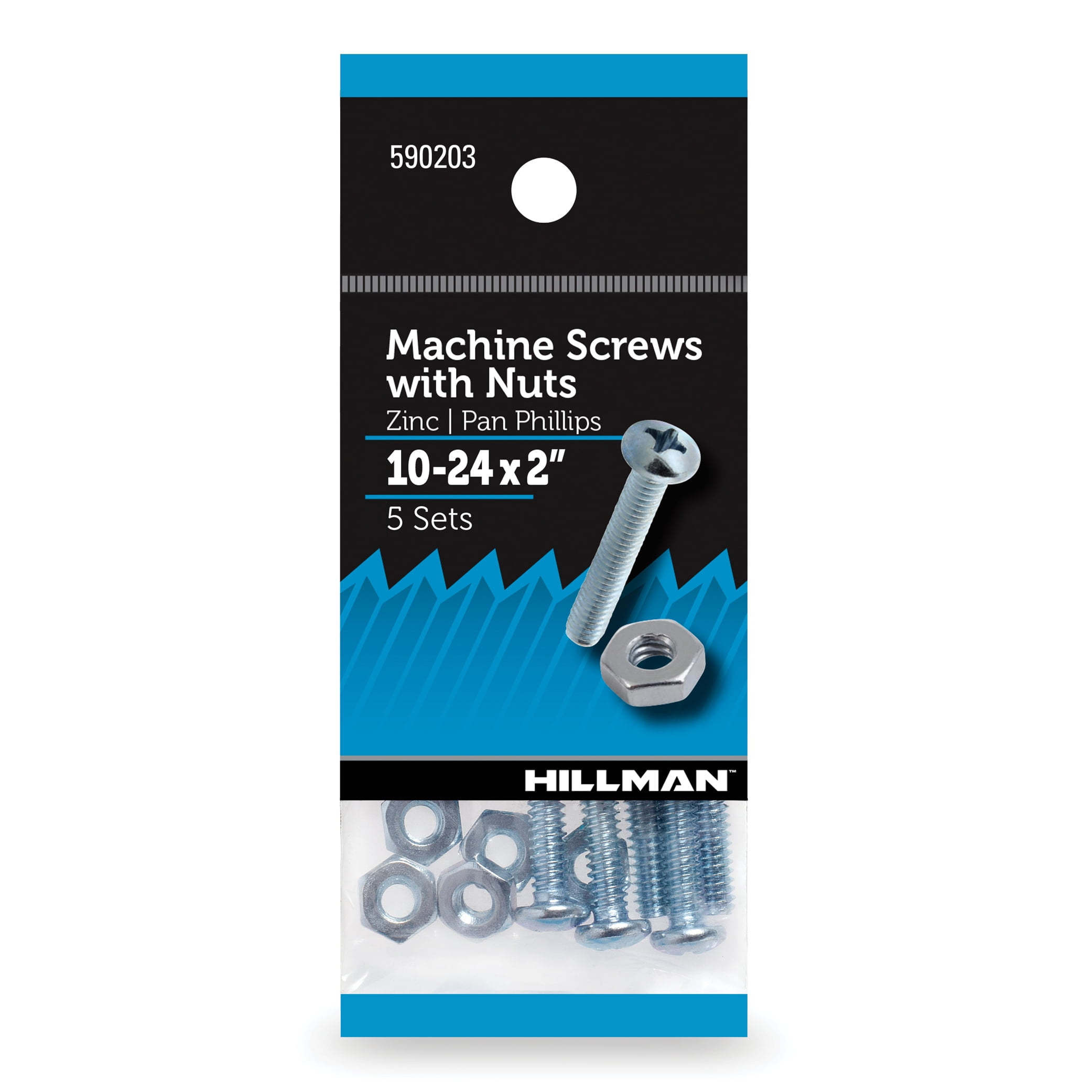 Hillman Pan Head Phillips Machine Screw 10-24 x 2", Zinc, Steel, 5 Sets