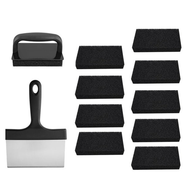 Kit de limpieza de parrilla con raspador y cabezales de esponja reemplazables. Juego de cepillos para parrilla de barbacoa con mango largo. Herramientas de mantenimiento para la limpieza de planchas