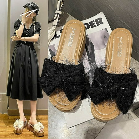 

Zpanxa Slippers for Women Sandals Women Slope Heel Open Toe Bow-Knot Slippers Comfy Beach Shoes Flip Flop Flip Flops for Women Black 36