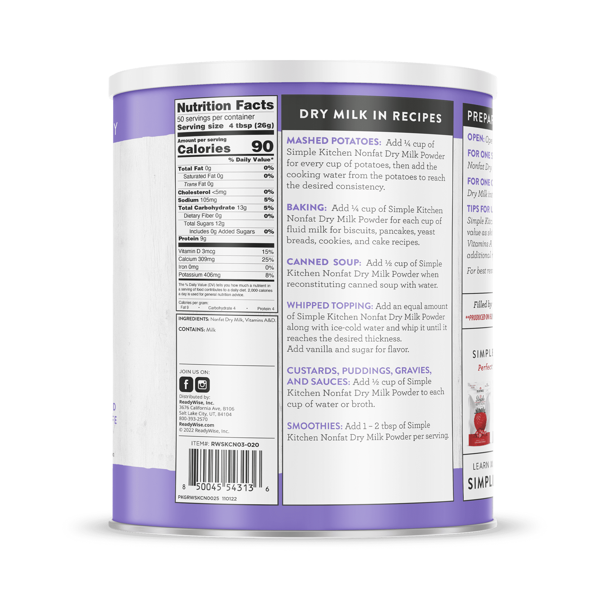 ReadyWise Instant Nonfat Dry Milk Freeze-Dried Number 10 Can 50 Servings
