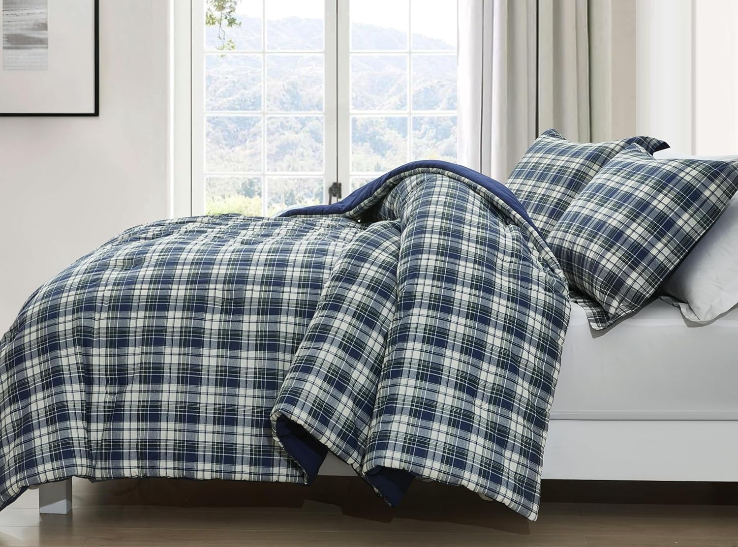 Chezmoi Collection Chad 2-Piece Washed Cotton Comforter Set Twin Size, Blue Green Light Beige Plaid Printed Bedding Set Reversible Lightweight Comforter for All Season