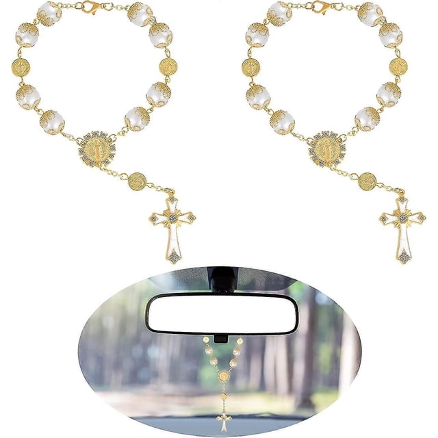 Car Cross Rosary For Rearview Mirror, Car Mirror Hanging Auto Rosary Rear View Mirror Pendant Car Hanging Accessories,2pcs