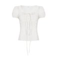 thumbnail image 3 of LIUJUNSHOP Women's Plus Size Puff Short Sleeve Button Down Shirts Lace Flare Hem Blouse Top, 3 of 8