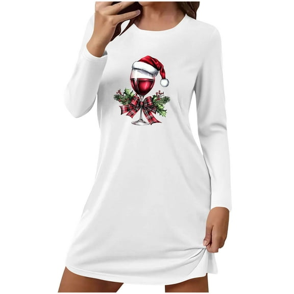 Fengactive Christmas Nightgown for Women 2025 Funny Printed Casual Round Neck Loose Long Sleeve Sleepwear