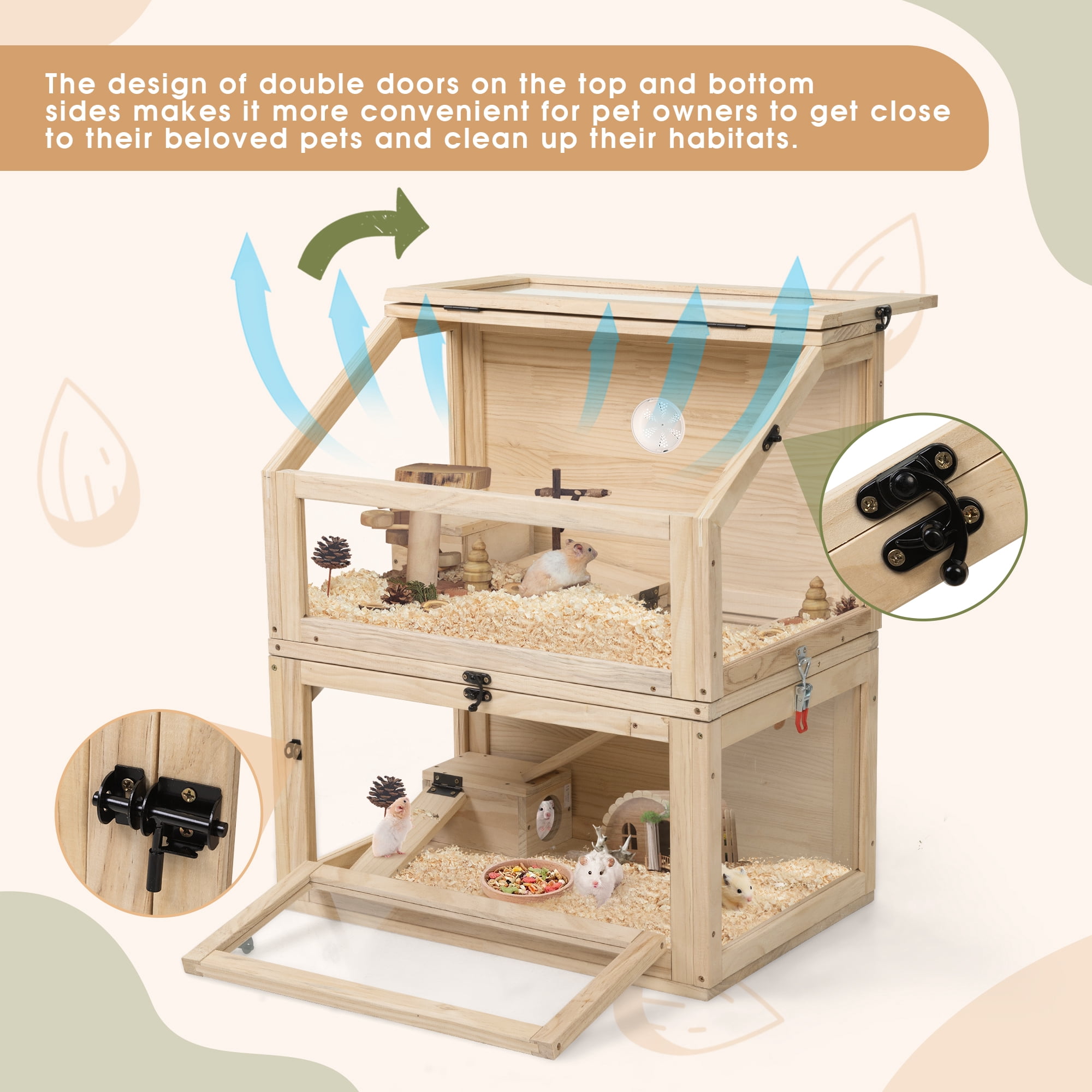 COZIWOW 2-Tiers Wood Hamster Cage with Hideouts, Ramps, Acrylic Window, Door Access for Small Animals, Natural
