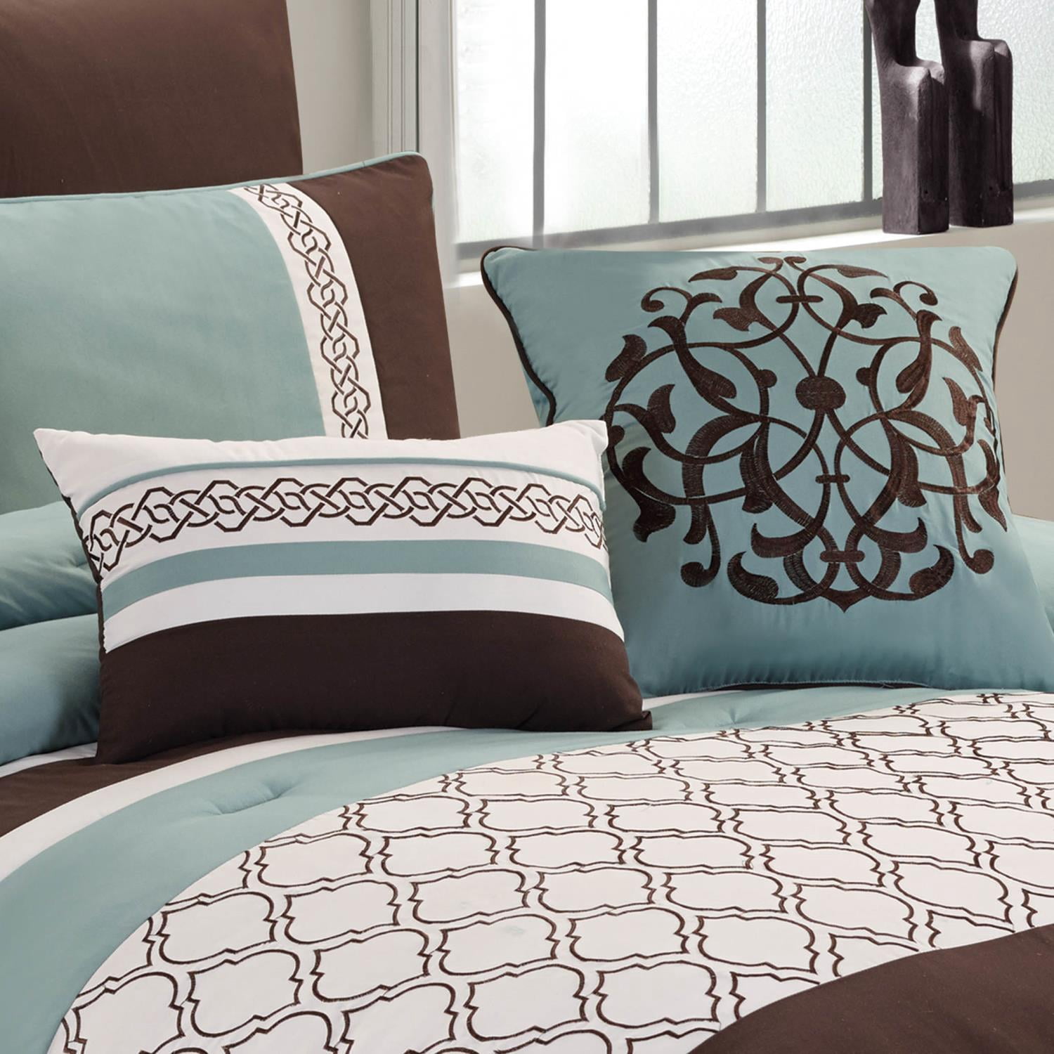 Riverbrook Home 8 Piece Comforter Set, King, Blue/Brown/Ivory, Tolbert, Polyfill, Adult
