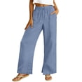 thumbnail image 2 of Linen Pants Women Wide Leg Casual Summer Vacation Outfits Travel Beach Pants Elastic Waist Ankle Split with Pockets Blue XL, 2 of 7