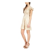 MICHAEL MICHAEL KORS Womens Beige Paisley Flutter Sleeve V Neck Short Fit + Flare Dress L