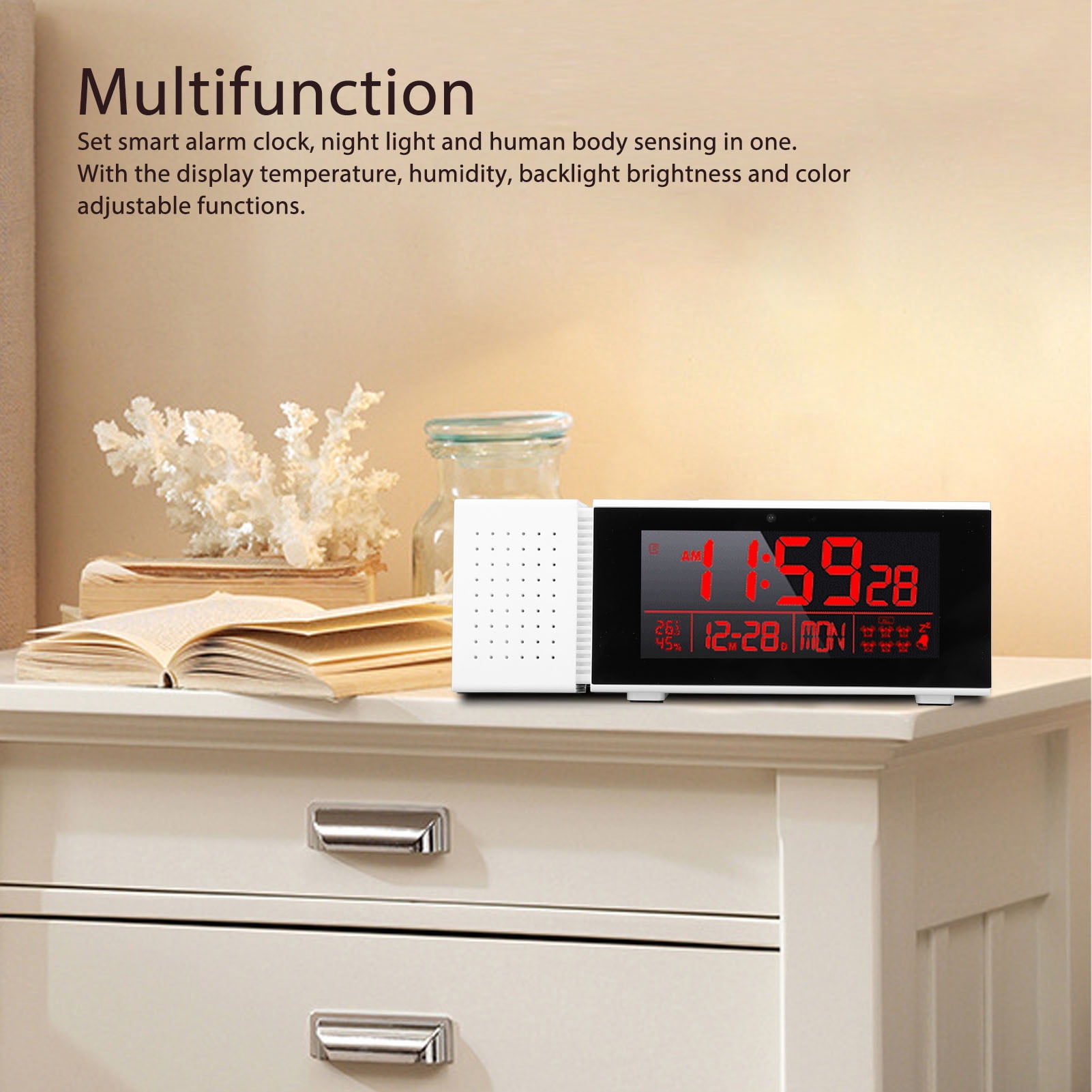 Riousery LED Digital Clock Human Motion Sensor Night Light Electronic Alarm Clock for Kids Students Multifunctional Temp Humidity White 7.48 in / 19 cm