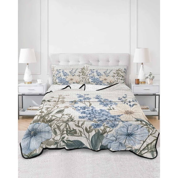 Quilts Twin XL Size, Blue Floral Spring Soft Comforter Bedding Set for Bed, Summer Botanical Flower Vintage Lightweight Quilted Bedspread with Pillow Cover(2 Pieces) for All Season, 68x98 Inch