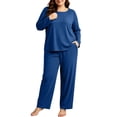 thumbnail image 2 of vdgthytj Plus Size Loungewear Sets for Women Ribbed Long Sleeve Crewneck Tops Straight Leg Pants Fall Sleepwear 2 Piece Outfits(X-Large,Blue), 2 of 9