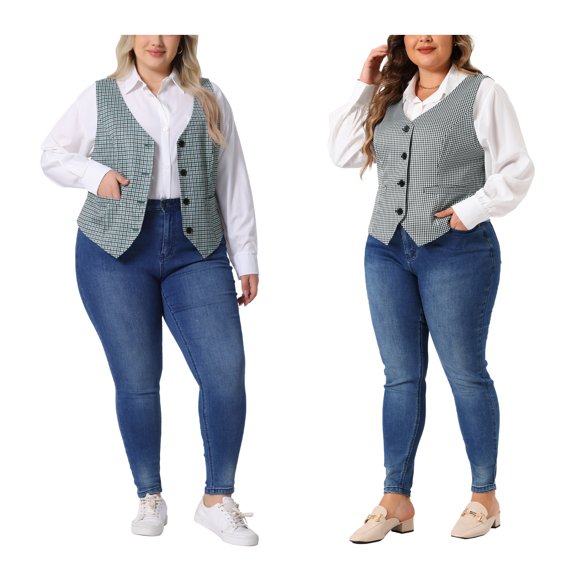 Agnes Orinda Plus Size Vest for Women Two Piece Plaid Sleeveless Button Vests with Pockets 1X Blue Green/Black