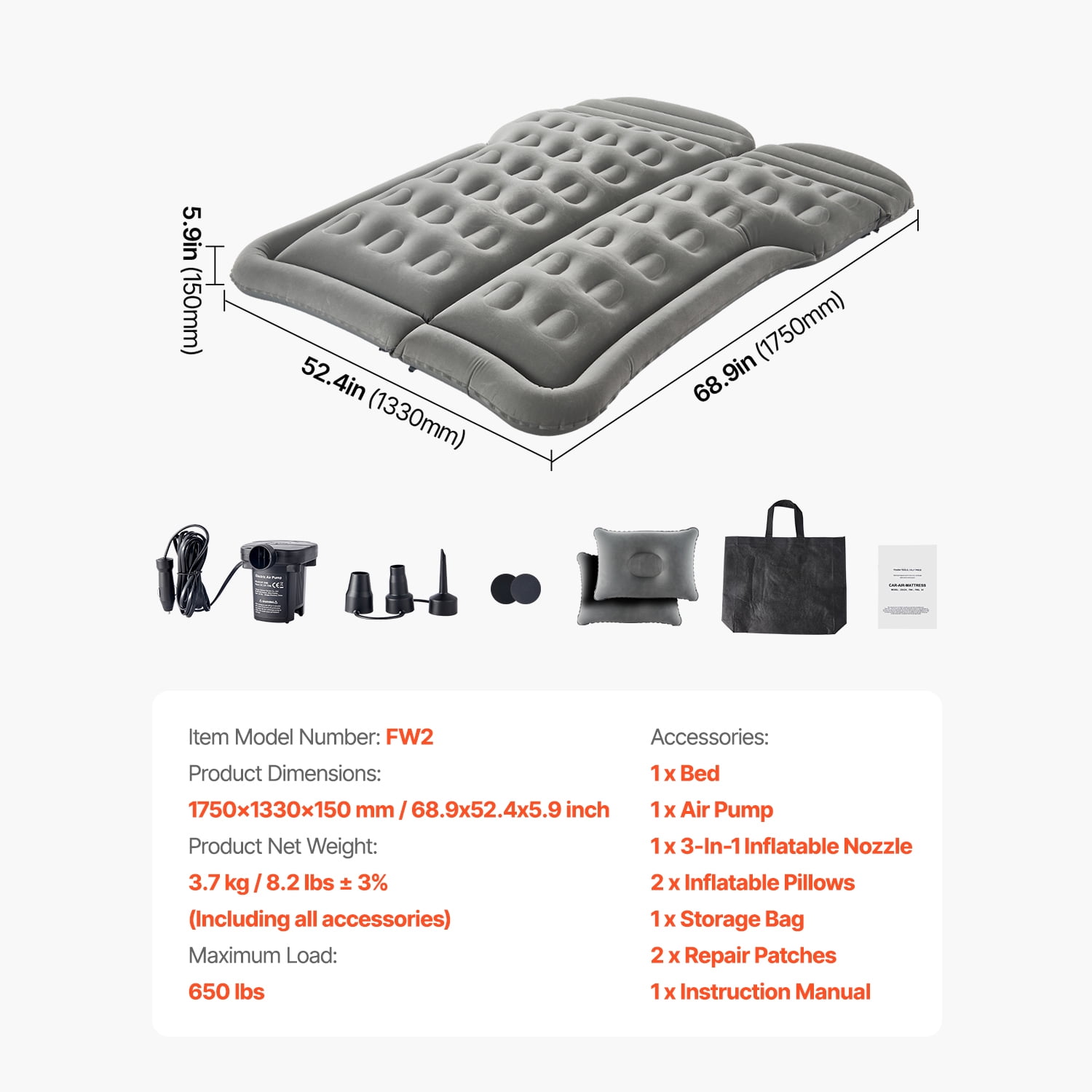 KFFKFF Inflatable Car Air Mattress, Comfortable Travel Sleeping Pad with Flocking Surface, Durable and Portable Design, Includes Air Pump, Nozzle, and Carry Bag, Compatible with Most SUV, MPV