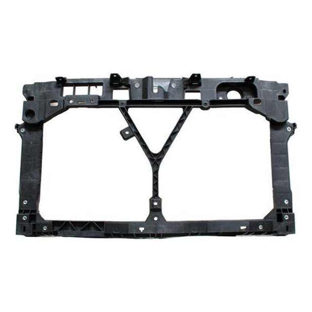 marco de radiador mazda 3 2010 2011 2012 2013 genérica marco de radiador negro. Vista frontal centrada de un marco rectangular en plástico con refuerzo en V central, orificios y soportes de montaje superior e inferior; lado conductor izquierdo, SKU MRM310. A menudo usado como repuesto directo para la instalación del radiador en modelos Mazda 3 2010-2013.